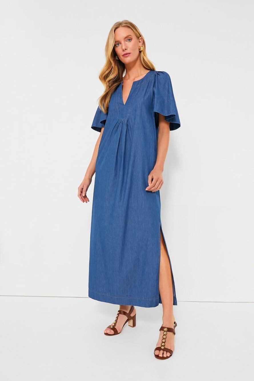 POMANDER PLACE Denim Finley Flutter Sleeve Maxi Dress Size XS NWT